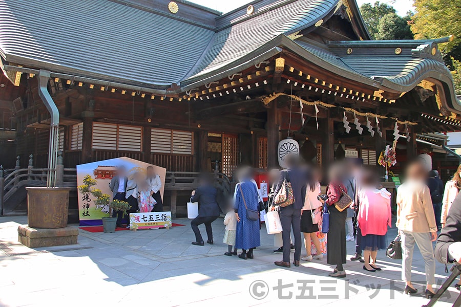 大國魂神社 本殿までの大絵馬で記念撮影する七五三ご家族と待ち行列の様子（その2）